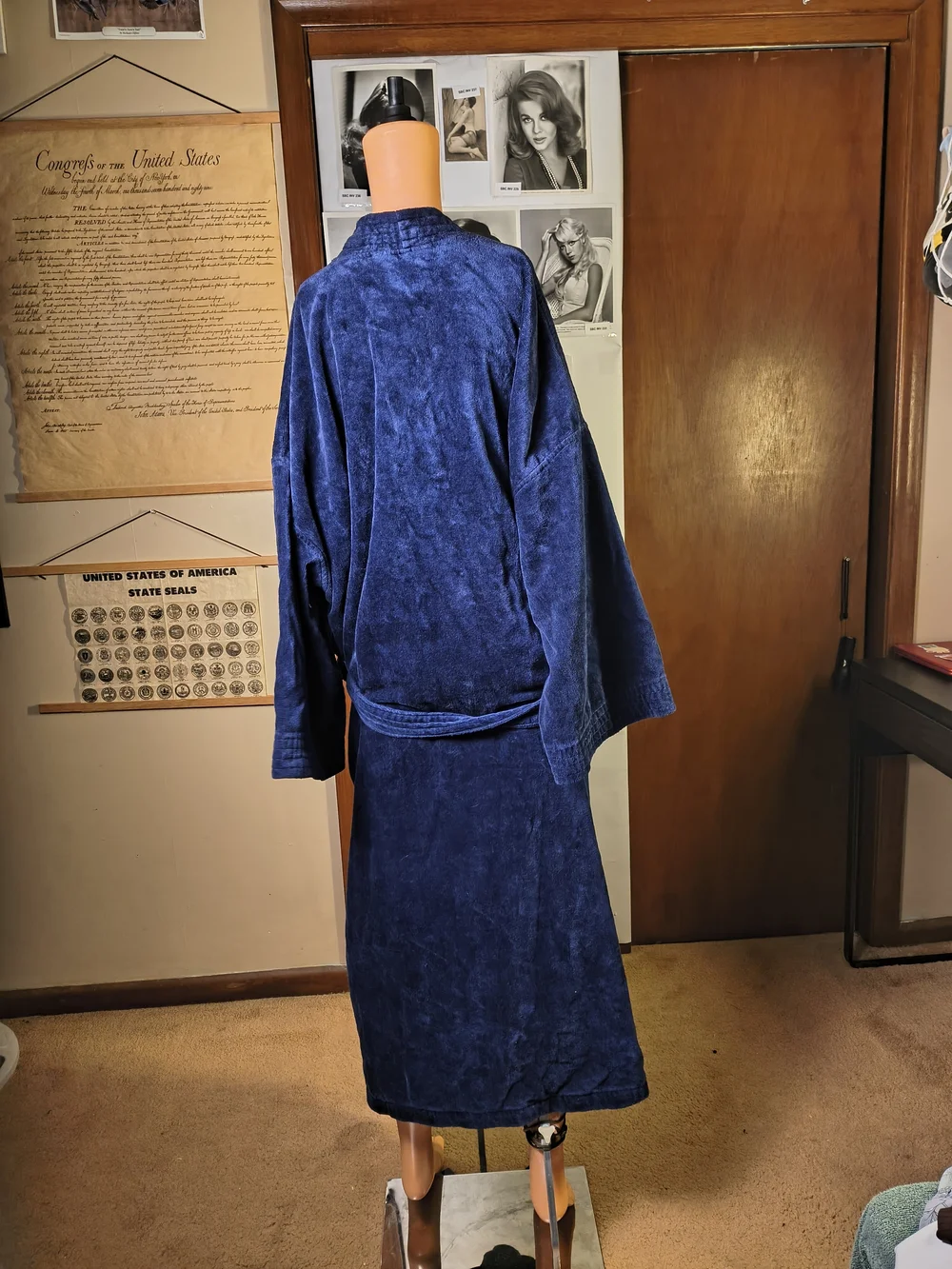 Unisex XXL Navy Blue Plush Bathrobe Shawl Collar Belted Long Robe
